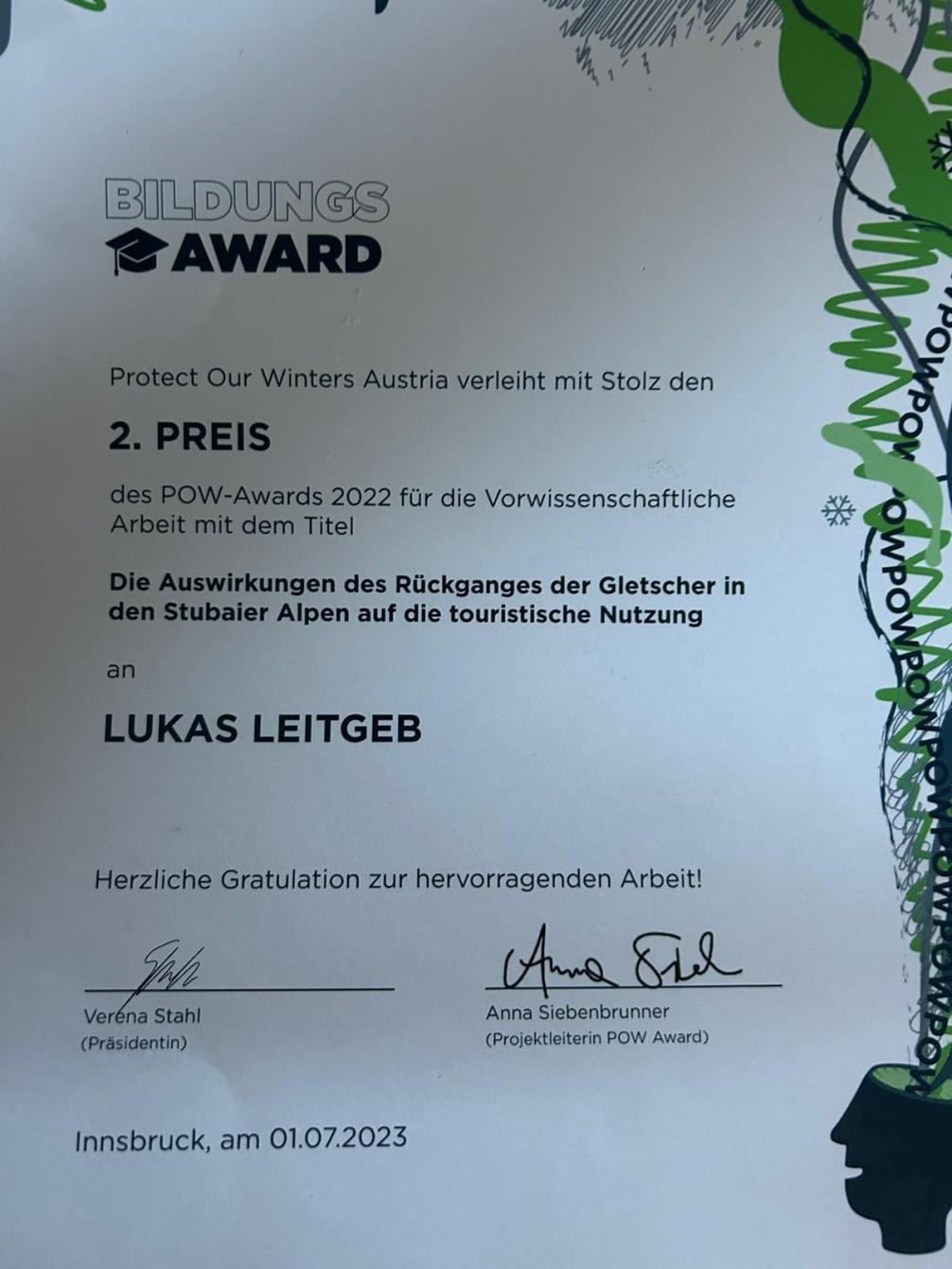 VWA Preis für Lukas Leitgeb, Urkunde POW Award