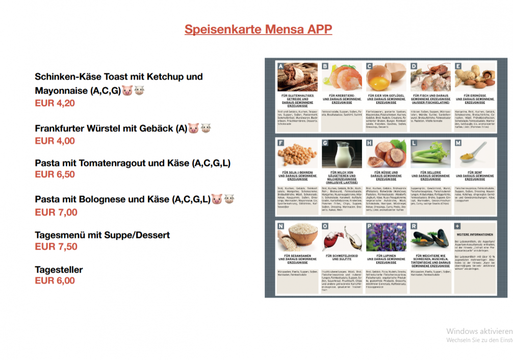 Getränke- und Speisekarte MENSA